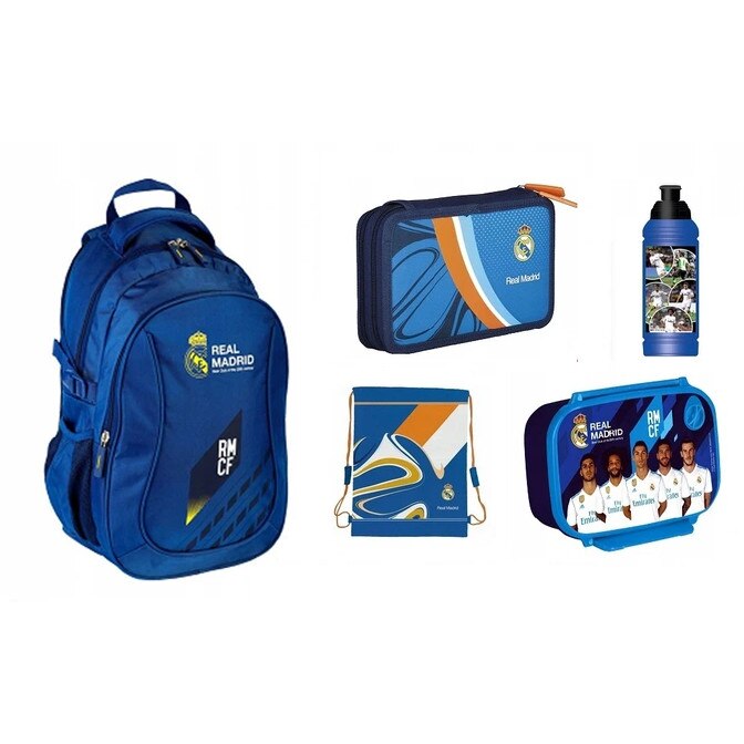 Set rucsac scoala, Real Madrid, sac pentru pantofi, penar, cutie pentru pranz, sticla de apa, multicolor