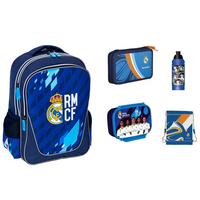 Set pentru scoala, Real Madrid, rucsac, penar, sticla de apa, cutie pentru pranz