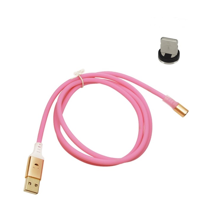 Töltőkábel, fényjáték zenei ritmusérzékeléssel, EVTrend® PREMIUM MAGNETIC, Lightning, alumínium fém csatlakozó, Apple iPhone-hoz, iPad-hez, USB, Lightning, 5V, 2A, 1m, LED, PINK
