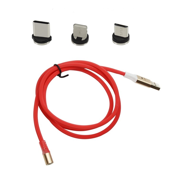 Töltőkábel, zenei ritmusérzékelős fényjáték, EVTrend® PREMIUM MAGNETIC, 3 az 1-ben, USB-C, Micro-USB, Lightning, USB, USB-C, Micro-USB, Lightning, 5V, 2A, 1m, LED, PIROS