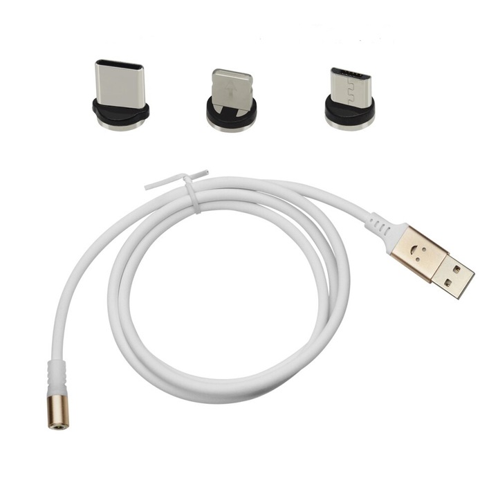 Töltőkábel, fényjáték zenei ritmusérzékeléssel, EVT® PREMIUM MAGNETIC, 3 az 1-ben, USB-C, Micro-USB, Lightning, mágneses csatlakozók, USB, USB-C, Micro-USB, Lightning, 5V, 2A, 1m, LED, FEHÉR