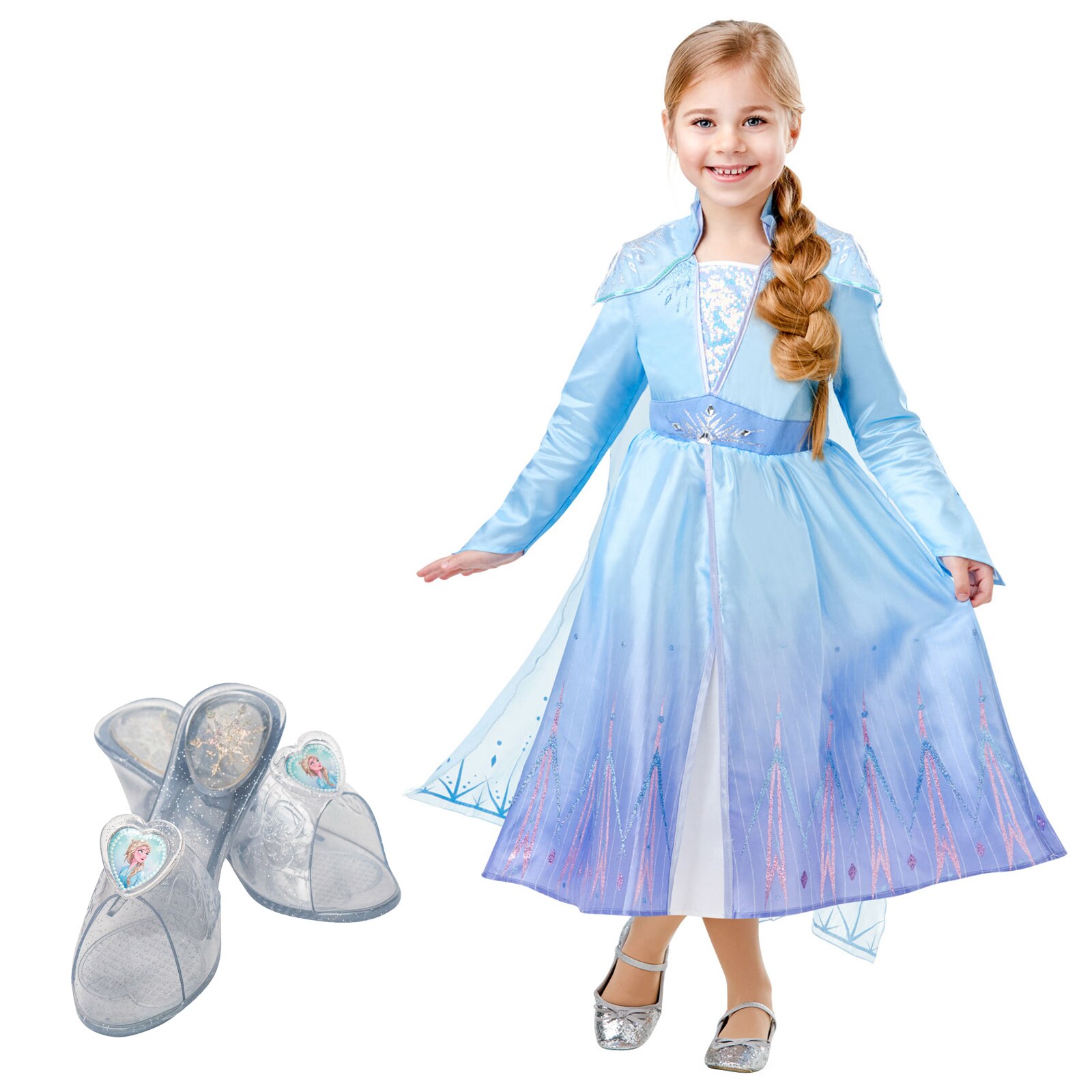 Set Costum Disney Deluxe Elsa, Regatul de gheata 2, Frozen 2, marime M, 5-6 ANI si sandalute cauciuc