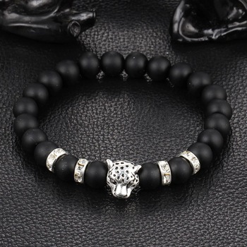 Bratara neagra din pietre cap de leopard argintiu Leopard Silver Bratara neagra din pietre cap de leopard argintiu Leopard Silver
