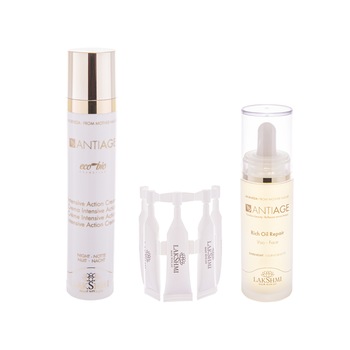 Set 3 produse faciale bio-organice pentru ingrijirea tenului uscat si matur +40 ani, Lakshmi, crema antiage intensive action 50ml, ulei reparator antiage 30ml si fiole cu acid hialuronic vegetal si vitamina C 5 x 3ml Set 3 produse faciale bio-organice pentru ingrijirea tenului uscat si matur +40 ani, Lakshmi, crema antiage intensive action 50ml, ulei reparator antiage 30ml si fiole cu acid hialuronic vegetal si vitamina C 5 x 3ml