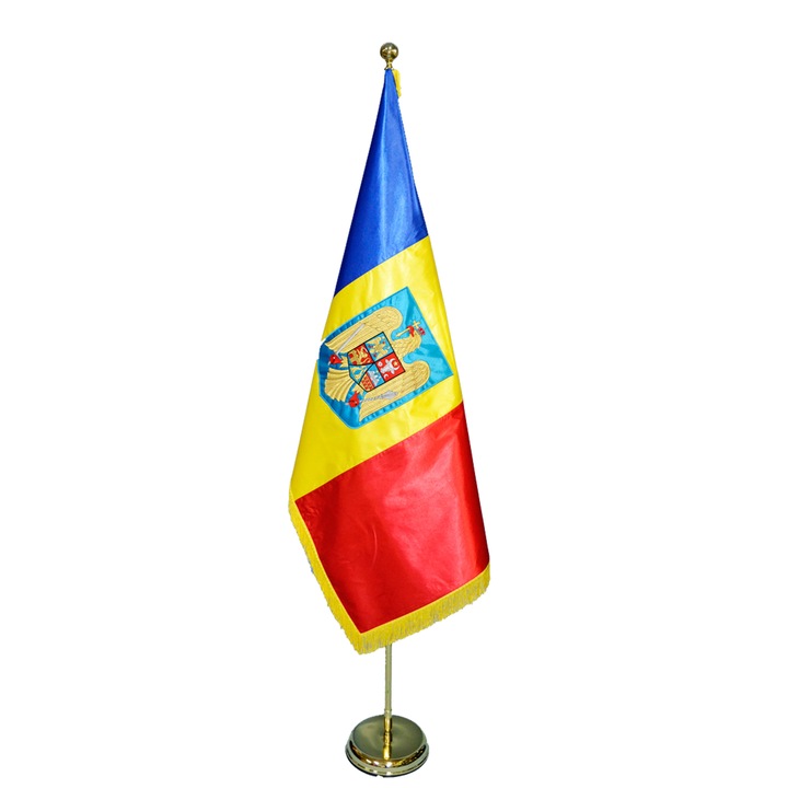 Steag ROMANIA cu STEMA BRODATA + PORT DRAPEL gama premium