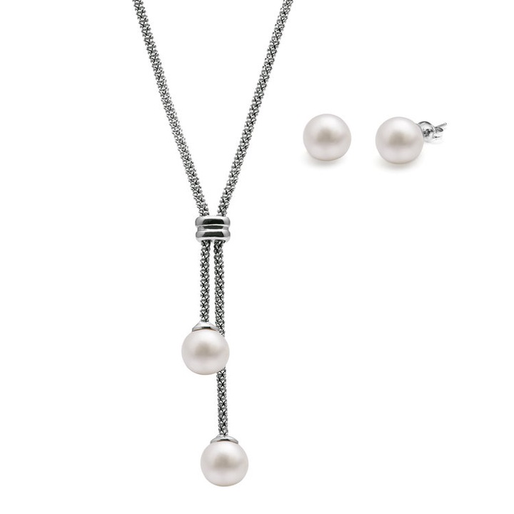 Set colier si cercei, suflat cu argint si perle Swarovsky, Aura, lungime 45 cm