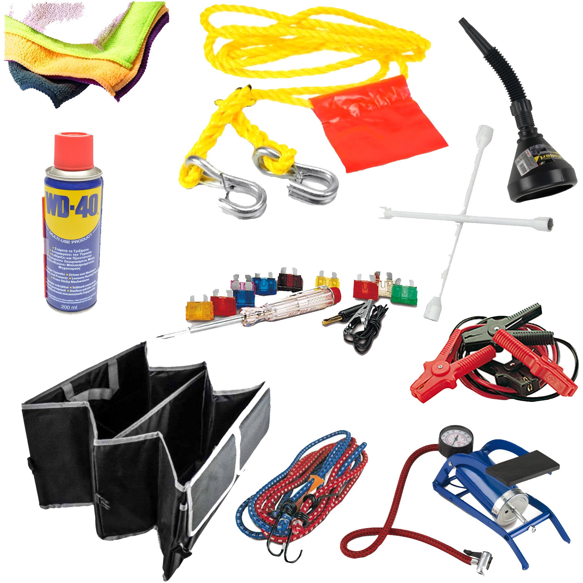 Pachet produse siguranta auto cu geanta depozitare, contine 10 produse, destinat depozitarii in portbagajul masinii