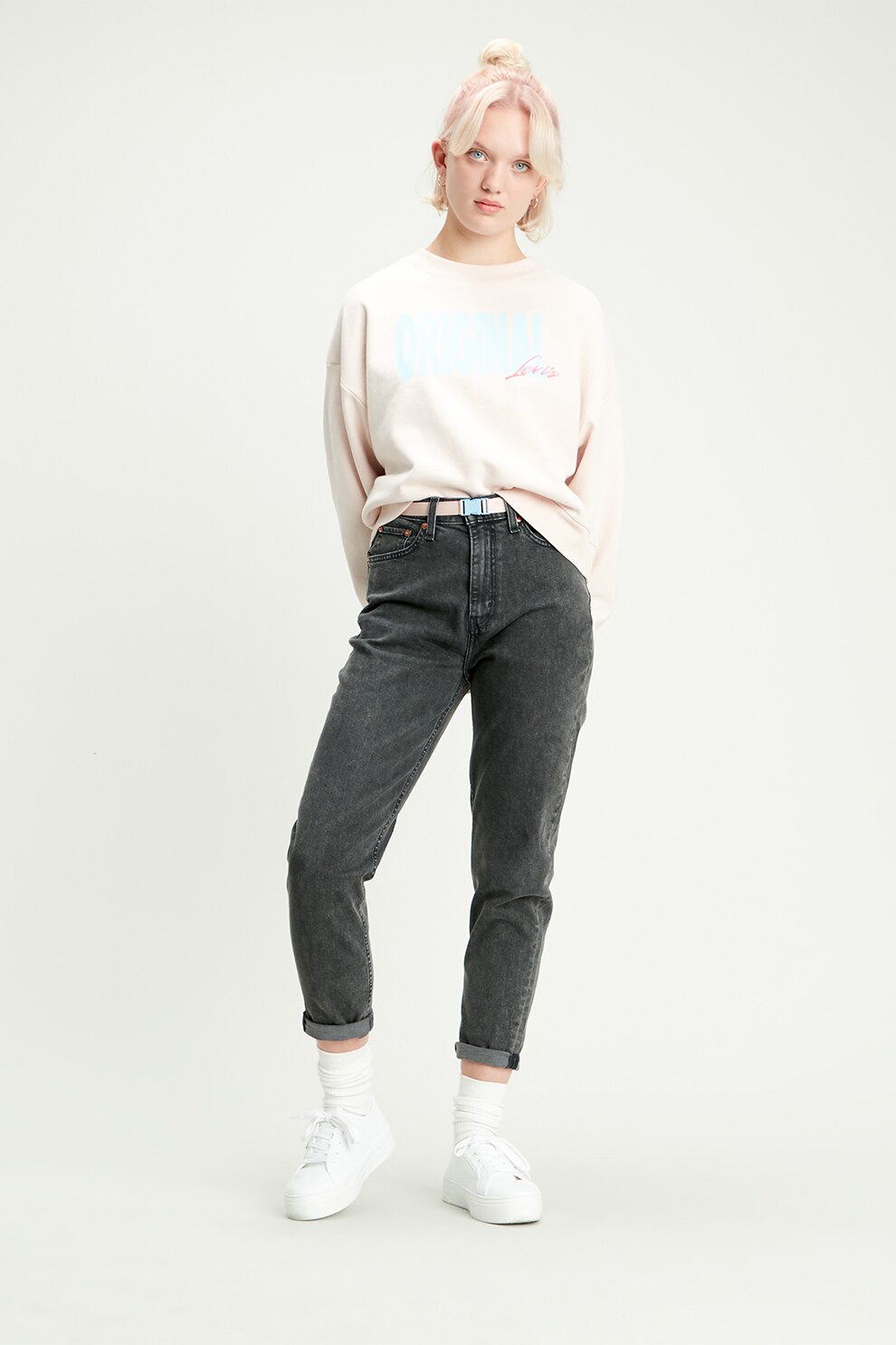 Levi's, Bluza sport cu logo brodat, Roz pal/Albastru