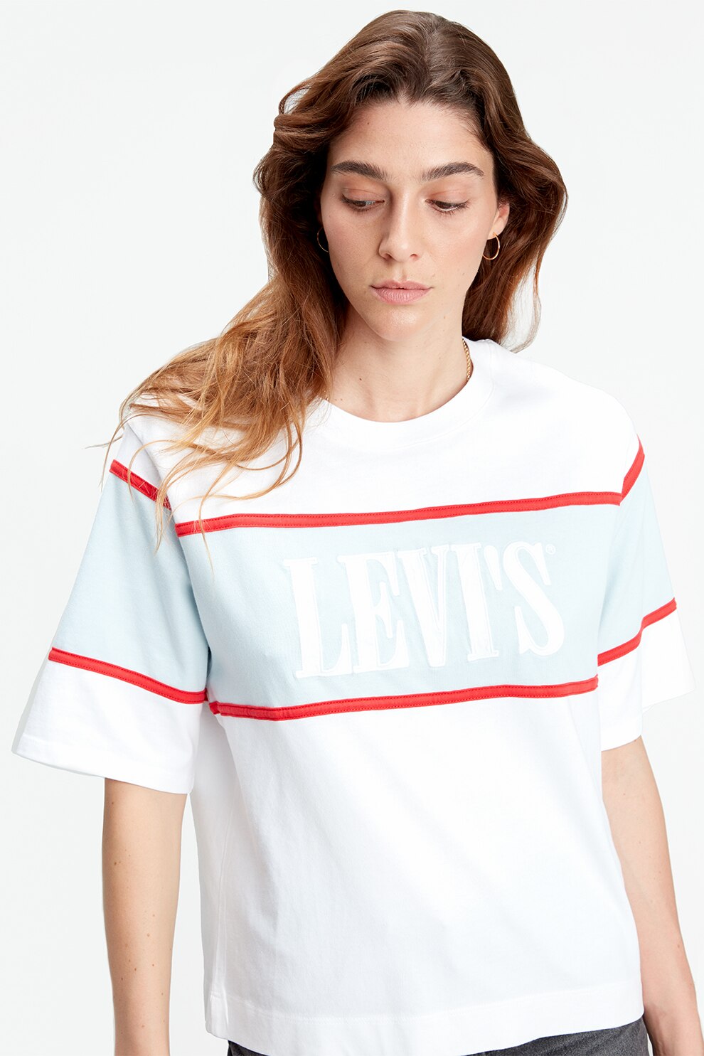 Levi's, Уголемени тениски с лого, Бял/Червен, S - eMAG.bg