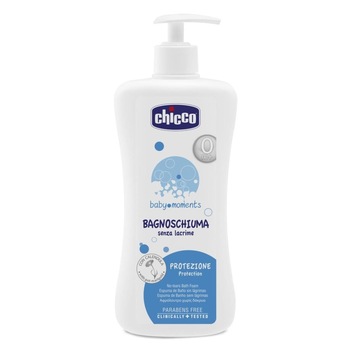 Spuma de baie CHICCO Baby Moments Protezione, fara lacrimi, fara parabeni, cu Galbenele, Flacon pompa 500 ml, 0 luni+ Spuma de baie CHICCO Baby Moments Protezione, fara lacrimi, fara parabeni, cu Galbenele, Flacon pompa 500 ml, 0 luni+