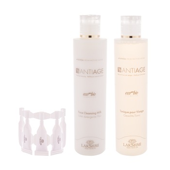Set 3 produse de ingrijirea, curatarea si demachierea tenului uscat si matur +30 ani, Lakshmi, lapte demachiant antiage 200ml, lotiune tonica antiage 200ml si fiole complex de vitamine A si E 25 x 0.8ml, bio-organice certificate Set 3 produse de ingrijirea, curatarea si demachierea tenului uscat si matur +30 ani, Lakshmi, lapte demachiant antiage 200ml, lotiune tonica antiage 200ml si fiole complex de vitamine A si E 25 x 0.8ml, bio-organice certificate