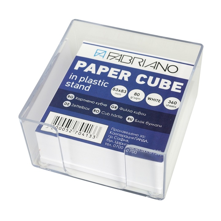 Хартиено кубче Fabriano, 83 x 83 mm, 80 g/m2, Офсет, Бяло, 360 листа, С пластмасова поставка