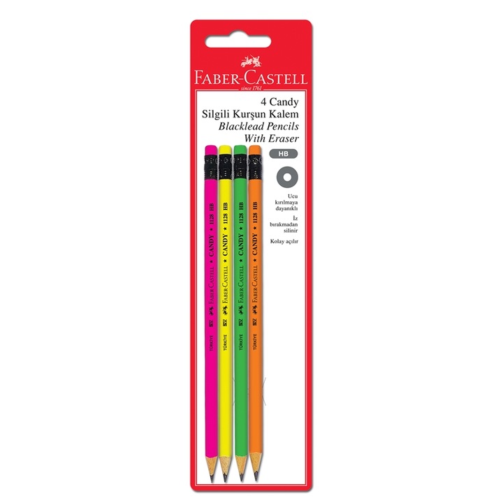 Set 4 creioane grafit, Faber-Castell, Candy, Lemn, HB, Radiera, Multicolor