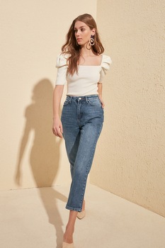 Trendyol, Blugi mom fit cu aspect decolorat, Albastru inchis/Alb optic Trendyol, Blugi mom fit cu aspect decolorat, Albastru inchis/Alb optic