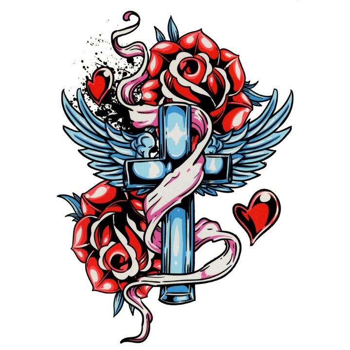 Tatuaj temporar, Flash Tattoos Romania, Old school cross, rezistent la apa, aplicare rapida, 21 x 15 cm