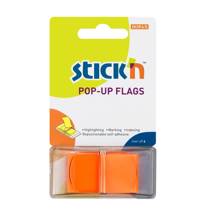 Самозалепващи индекси Stick'n, PVC, 45 x 25 mm, Оранжеви, 50 броя