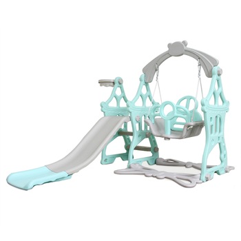 Set de joaca cu leagan, tobogan si cos de baschet cu minge interior exterior albastru Set de joaca cu leagan, tobogan si cos de baschet cu minge interior exterior albastru