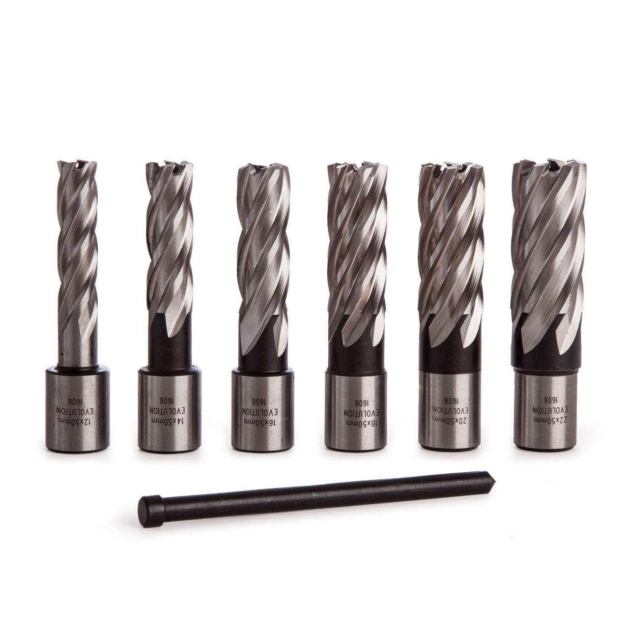 Set 6 carote lungi 12 14 16 18 20 22 + ax centrare Evolution CUTTERKITL Otel 50mm lungime