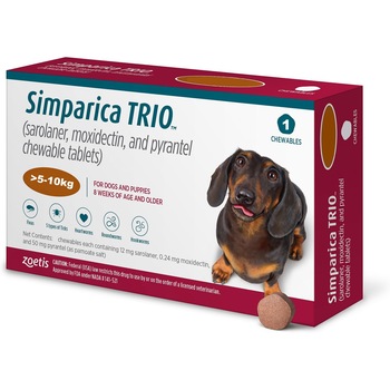 Deparazitare interna si externa, Simparica Trio 5-10 kg - 1 comprimat masticabil Deparazitare interna si externa, Simparica Trio 5-10 kg - 1 comprimat masticabil