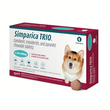 Deparazitare interna si externa, Simparica Trio 10-20 kg - 1 comprimat masticabil Deparazitare interna si externa, Simparica Trio 10-20 kg - 1 comprimat masticabil