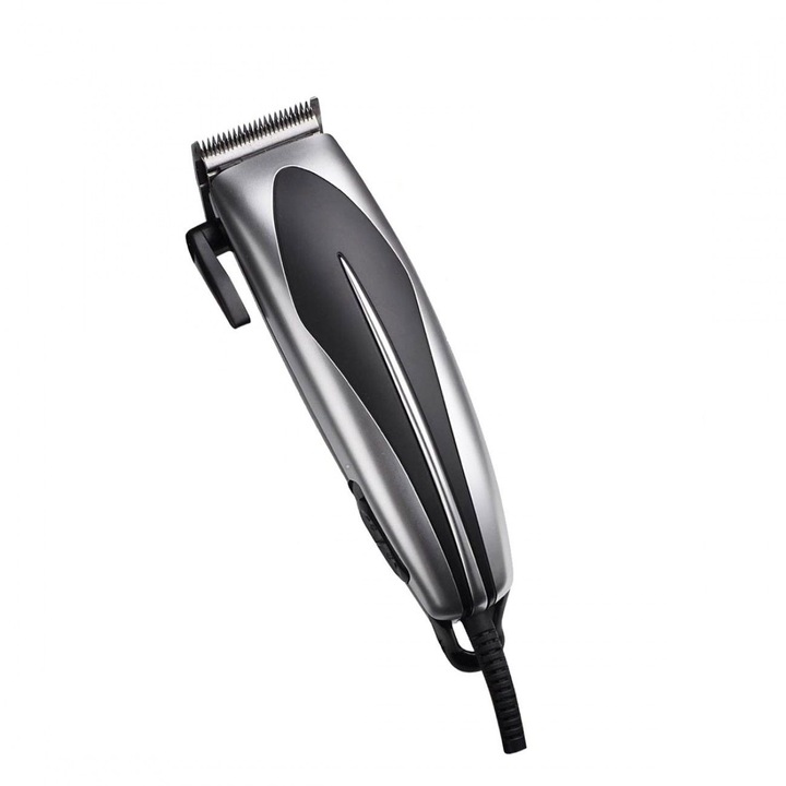Masina de tuns KlaussTech cu Trimmer, Putere de 9 W, Lame reglabile din Otel inoxidabil, Design ergonomic , Acoperire SoftTouch , 4 marimi de taiere , Argintiu/Negru