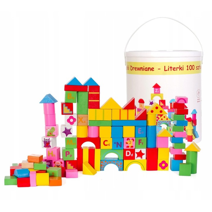 Set Constructie Cuburi din Lemn Natural 