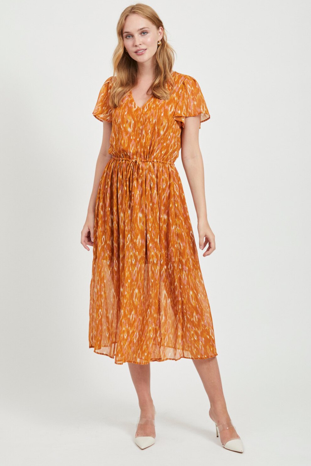 Vila, Rochie evazata cu model abstract, Oranj mandarina