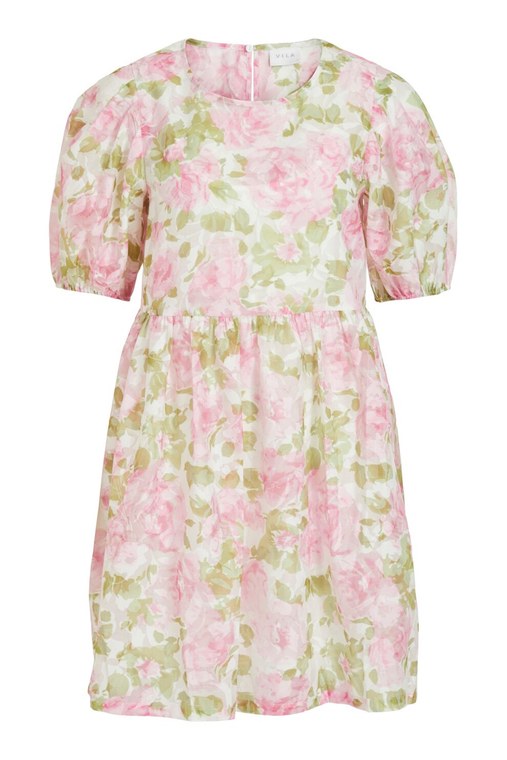 Vila, Rochie cu imprimeu floral si maneci bufante, Alb/Roz/Verde