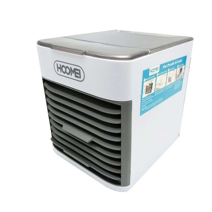 Мини AC преносим въздушен охладител HOOMEI HM-8160, охлажда, овлажнява и пречиства въздуха на базата на водна пара, резервоар 600ml 10h, бял