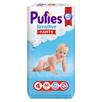 Scutece-chilotel Pufies Pants Sensitive Maxi, Marimea 4, 9-15 kg, 46 buc Scutece-chilotel Pufies Pants Sensitive Maxi, Marimea 4, 9-15 kg, 46 buc