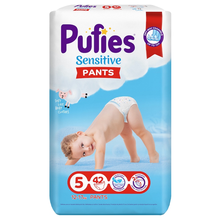 Scutece-chilotel Pufies Pants Sensitive Junior, Marimea 5, 12-17 kg, 42 buc