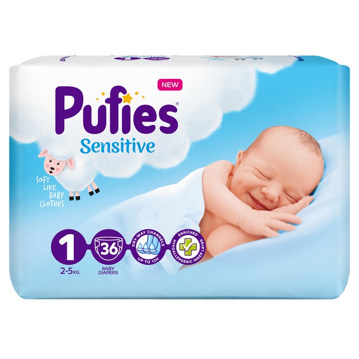 Scutece Pufies Sensitive, 1 Newborn, New born Pack, 2-5 kg, 36 buc