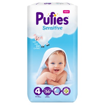Scutece Pufies Sensitive, 4 Maxi, Maxi Pack, 9-14 kg, 56 buc Scutece Pufies Sensitive, 4 Maxi, Maxi Pack, 9-14 kg, 56 buc