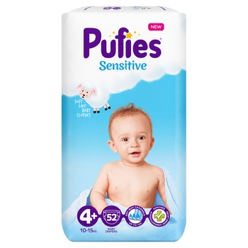 Scutece Pufies Sensitive, 4+ Maxi+, Maxi Pack, 10-15 kg, 52 buc