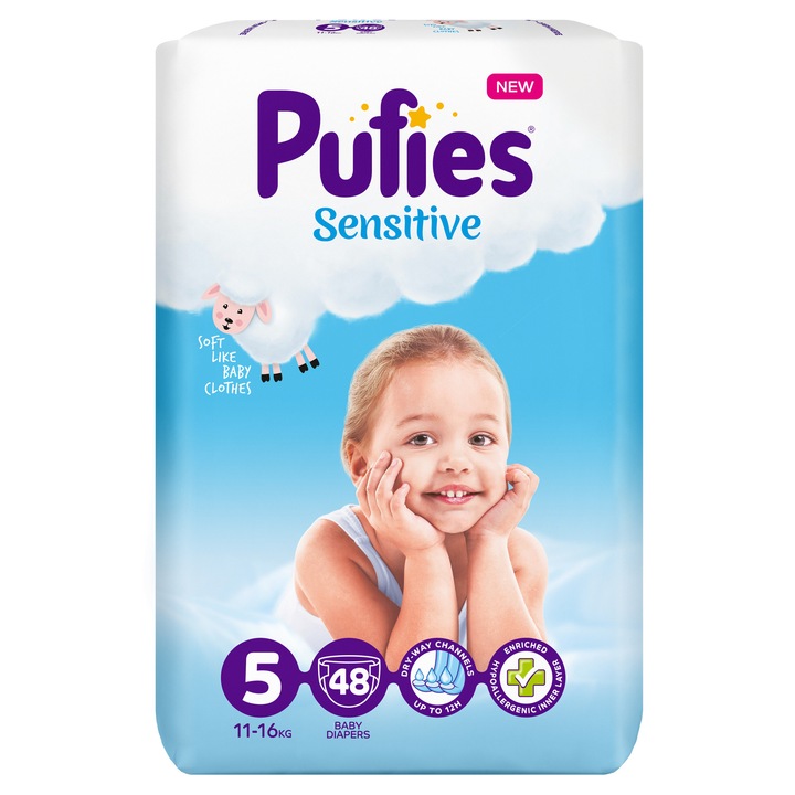 Scutece Pufies Sensitive, 5 Junior, Maxi Pack, 11-16 kg, 48 buc