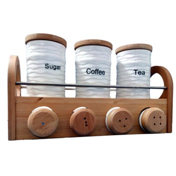 Set pentru condimente din ceramica fina si bambus, 3 piese, Naimeed, D145 Set pentru condimente din ceramica fina si bambus, 3 piese, Naimeed, D145