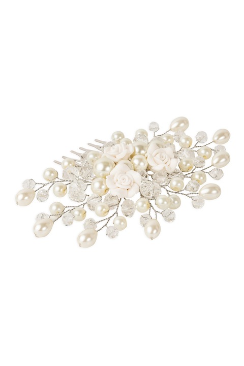 Pieptene, handmade, mireasa, cu flori, perle si cristale, ivory, 12cm