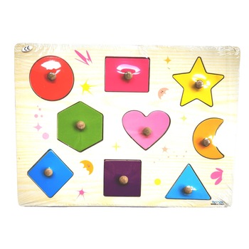 Puzzle cu 9 forme geometrice din lemn cu maner ajutator, Alibeibei Puzzle cu 9 forme geometrice din lemn cu maner ajutator, Alibeibei