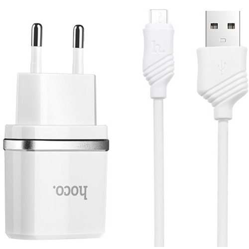 Incarcator priza Hoco C12 Smart dual USB cu cablu MicroUSB inclus, 2.4A, Alb