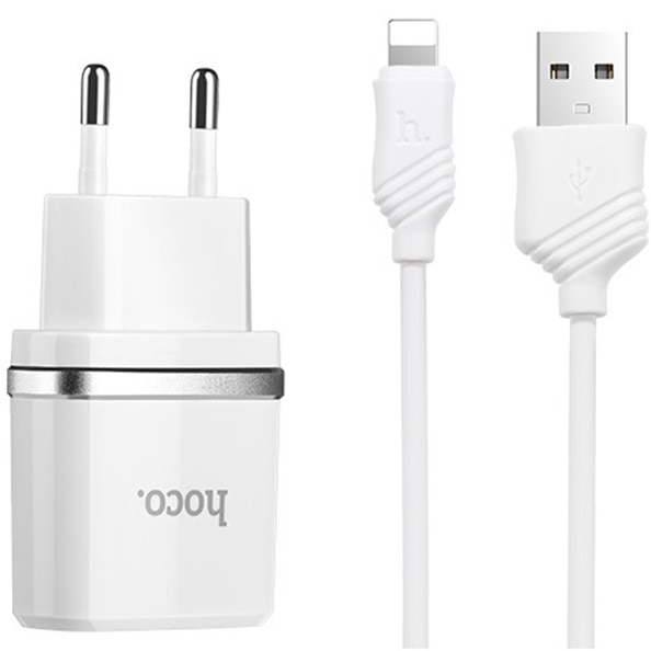 Incarcator priza Hoco C12 Smart dual USB cu cablu Lightning inclus, 2.4A, Alb