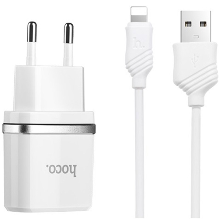 Hoco C12 Smart Töltő, dupla USB aljzatos, mellékelt Lightning kábellel, 2,4A, fehér