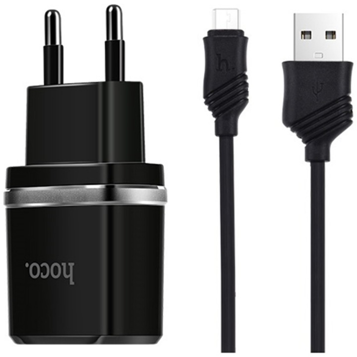 Incarcator priza Hoco C12 Smart dual USB cu cablu MicroUSB inclus, 2.4A, Negru
