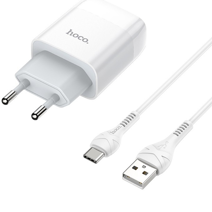 Комплект мрежово зарядно устройство Hoco C73A 2xUSB + Кабел за данни Type C, 1 м, Бял