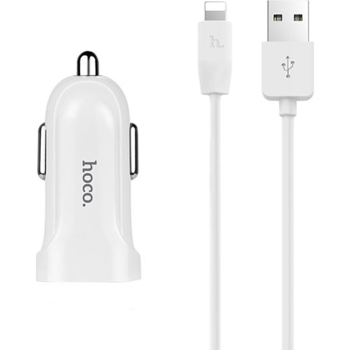 Зарядно устройство за кола Hoco Z2 1xUSB, Кабел Lightning, Бял