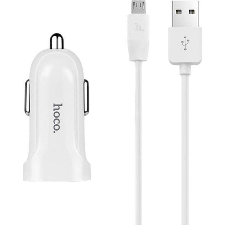 Hoco Z2 Autós töltő, 1 x USB, MicroUSB kábel, Fehér