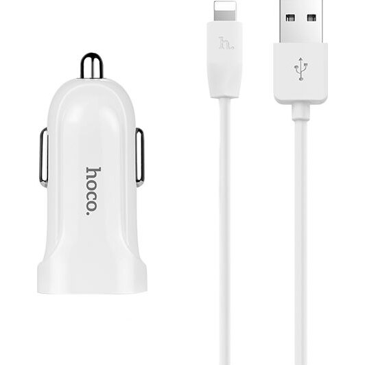 Incarcator auto Hoco Z2A, 2xUSB, Cablu Lightning inclus, Alb