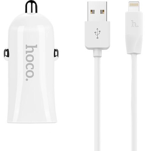 Incarcator auto Hoco Z12 Elite, 2xUSB, Cablu Lightning inclus, Alb