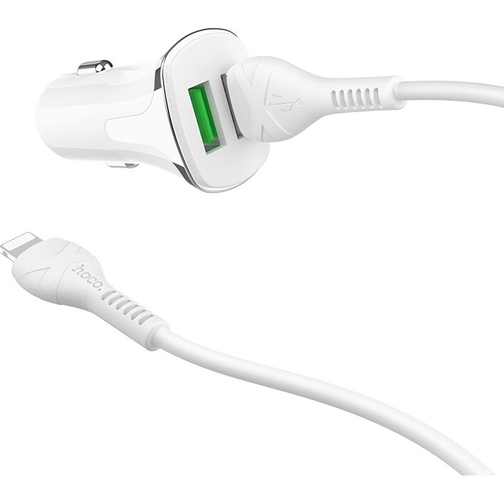 Incarcator auto Hoco Z31 Universe, dual USB, QC3.0, 3.4A, Cablu Lightning inclus, Alb