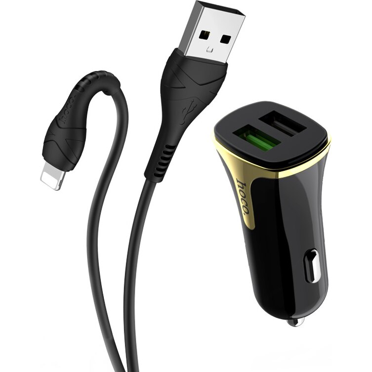 Incarcator auto Hoco Z31 Universe, dual USB, QC3.0, 3.4A, Cablu Lightning inclus, Negru