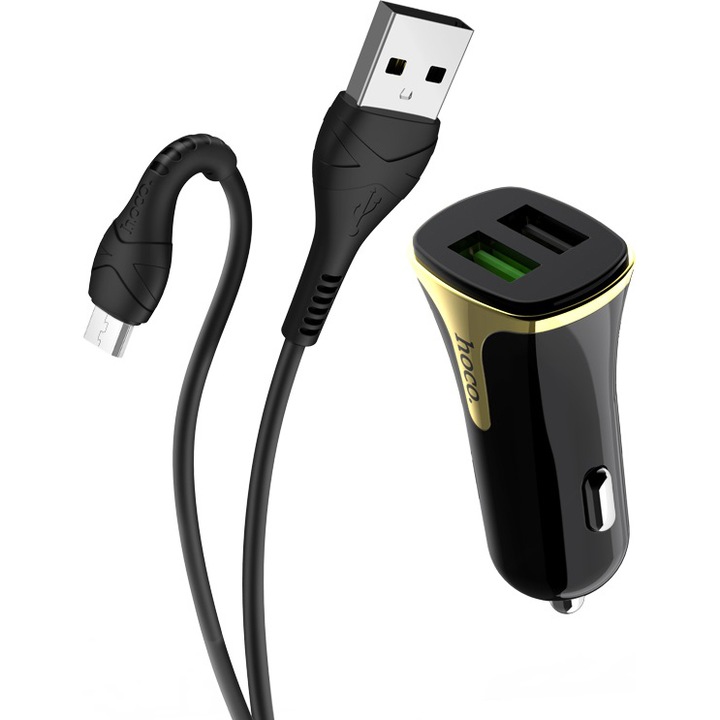 Зарядно устройство за кола Hoco Z31 Universe, Dual USB, QC3.0, 3.4A, Кабел MicroUSB, Черен